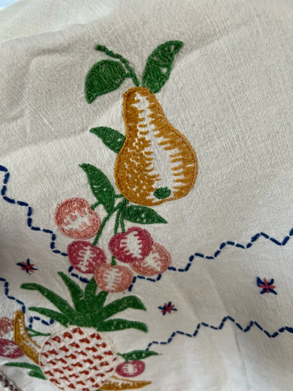 Vintage Embroidered Fruit Tablecloth Pineapple Pear Cherry Linen Cotton 37x47